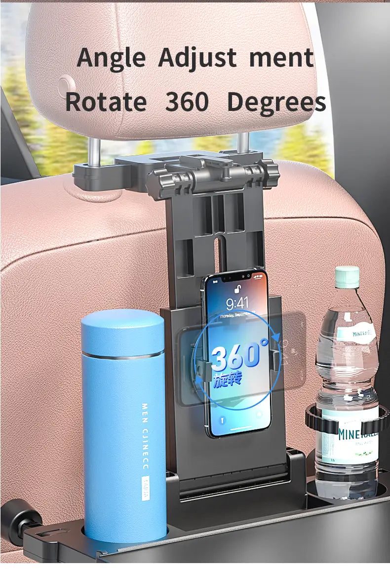 black 360-degree rotating car phone holder with integrated cup holders shown from the back side as part of a car headrest laptop tray and food holder set