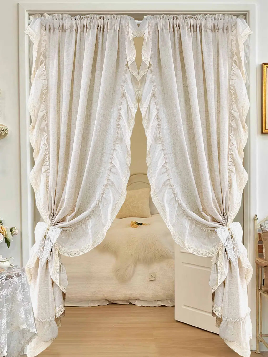 cream-colored ruffled linen curtains with lace trim and gathered fabric tied back with matching bows in two pieces for living room accept customization