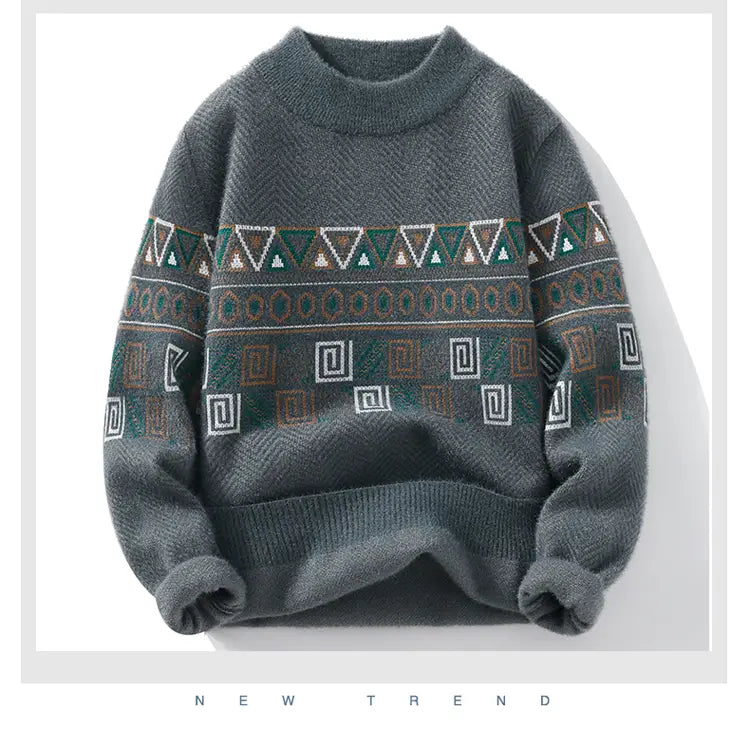 Herren-Strickpullover mit geometrischem Muster, dick, Winterpullover in dunklem Grau mit türkisbraunen und weißen geometrischen Musterbändern.