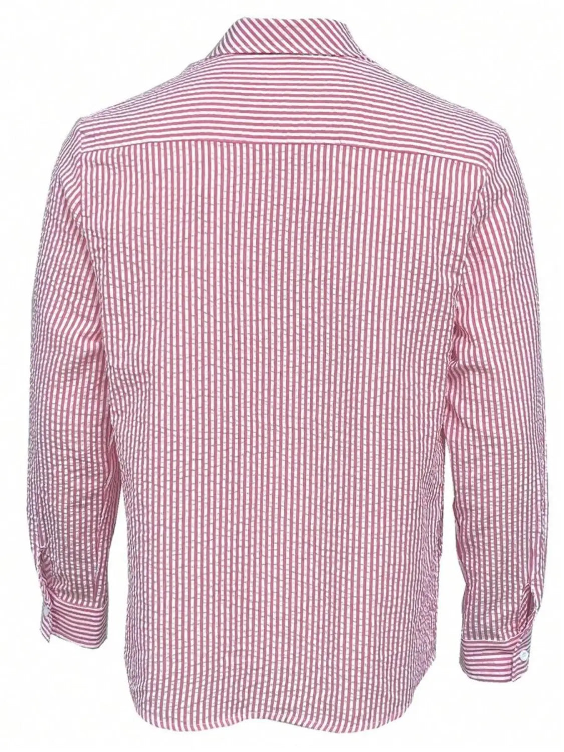 Chemise décontractée boutonnée manches longues à rayures bleues pour homme, avec un design rayé vertical rose et blanc et un col classique.