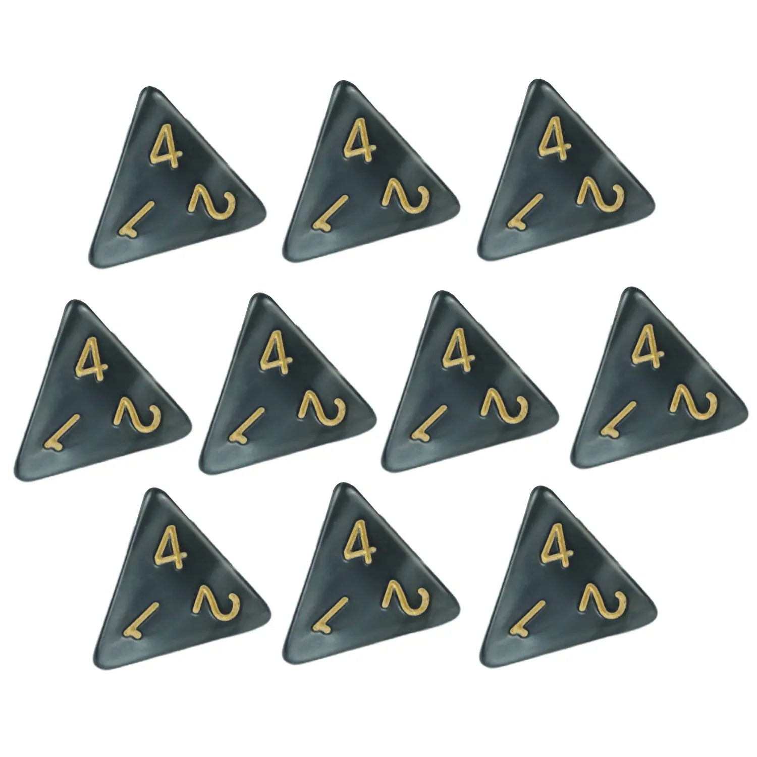 Set aus zehn dunkelgrünen Marmord4-Würfeln mit goldenen Ziffern für Tischspiele und Brettspiele.