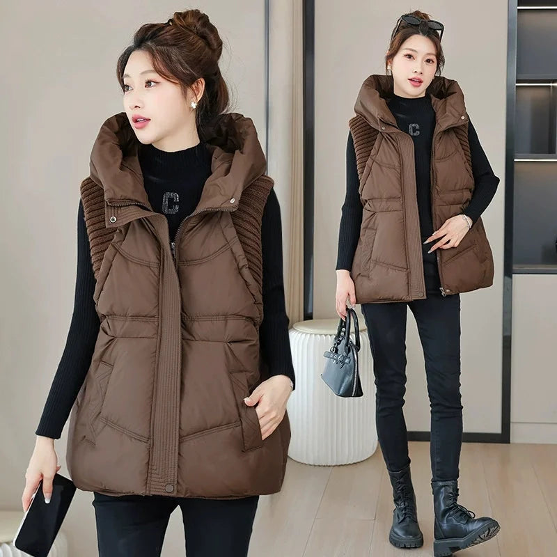 Winter Down Cotton Vest Jacket Women 2025 New Sleevele Jacket Hooded Parkas Warm Vest Coat Female Waistcoat Overcoat Ladies Tops