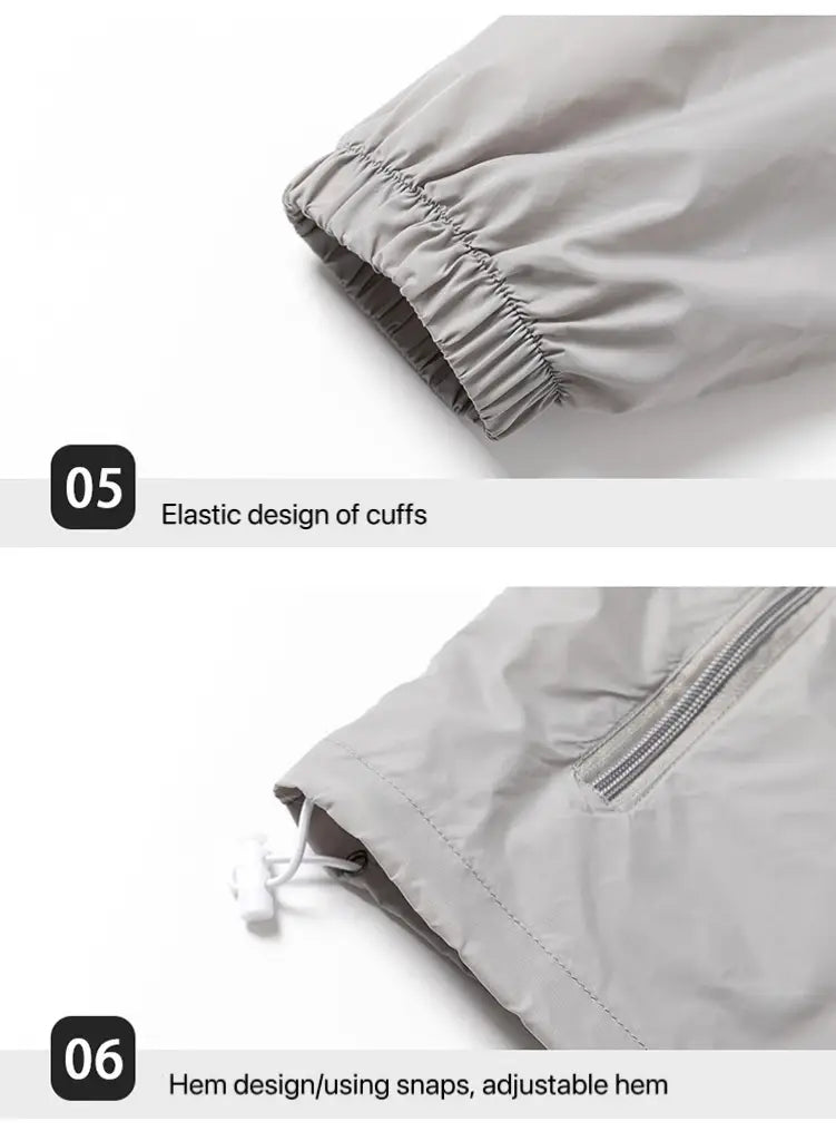 light gray lightweight fabric pants with elastic cuffs and adjustable hem using snaps for men sun protection windbreaker jacket set