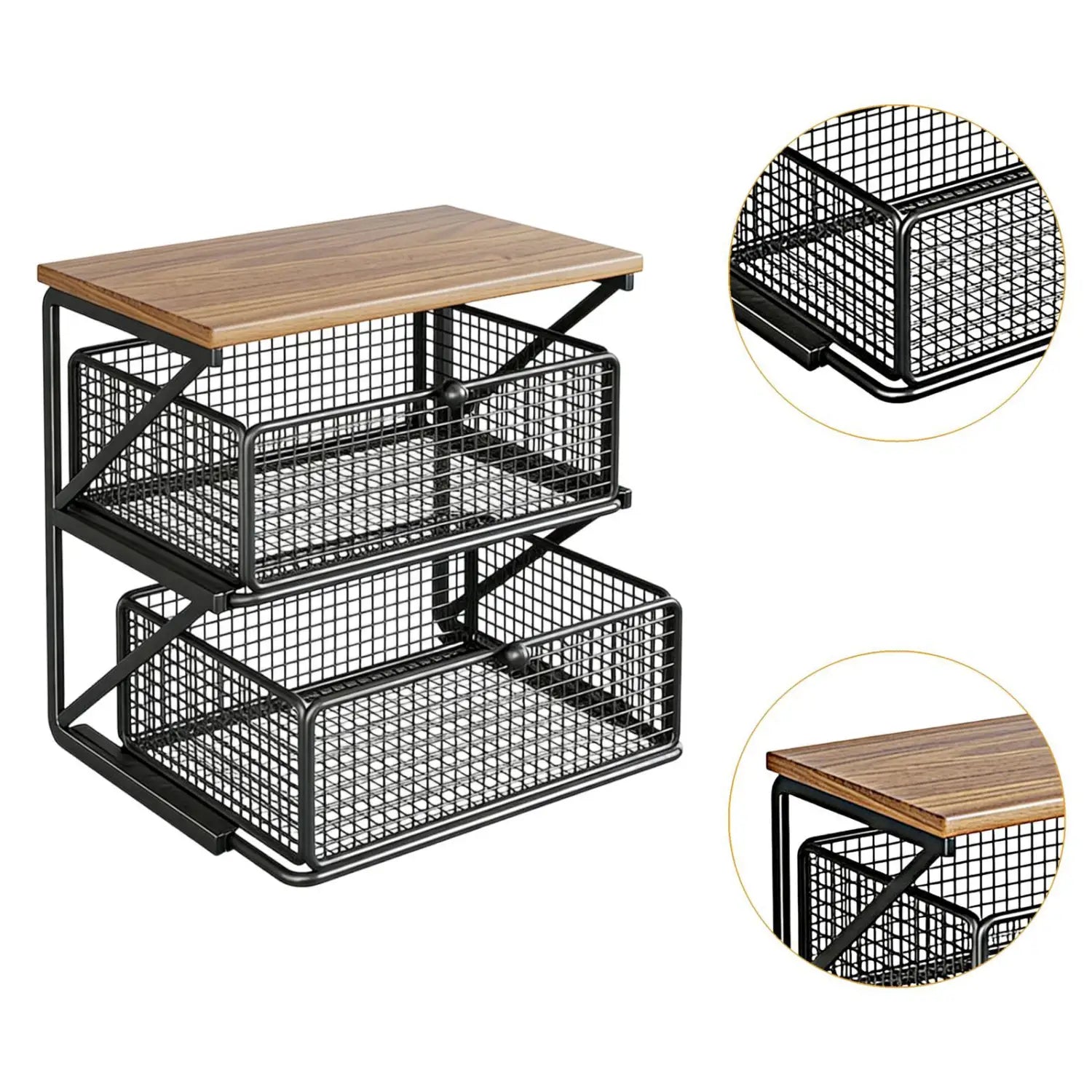 black metal mesh drawer unit with a wooden top serving as a coffee station organizer with counter shelf and drawer for efficient countertop storage