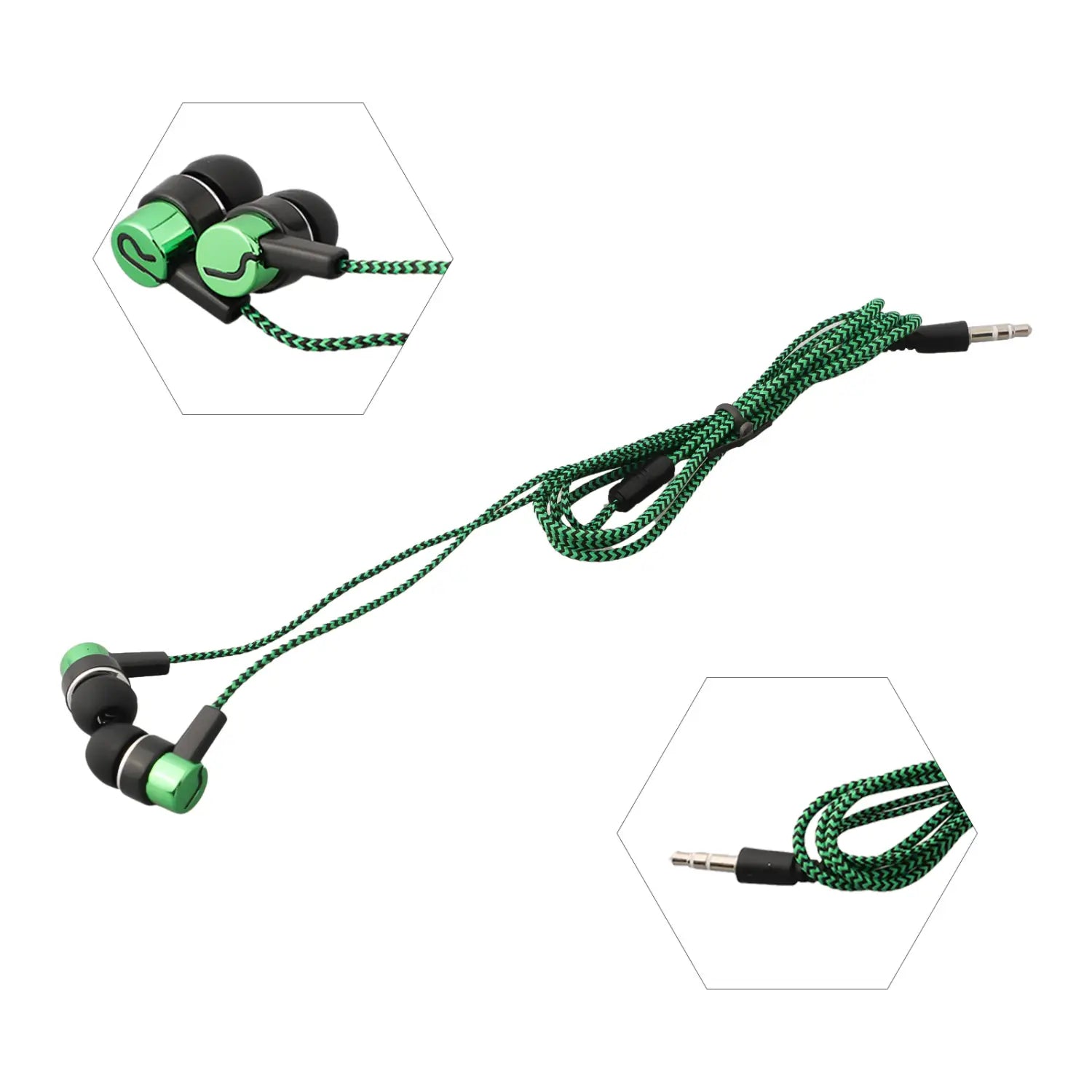 Grüne und schwarze Bass-Stereo-Kopfhörer für den In-Ear-Bereich mit 3,5-mm-Klinkenstecker und geflochtenem Kabel, mit Lautstärkeregelung für ein verbessertes Stereo-Kopfhörerlebnis