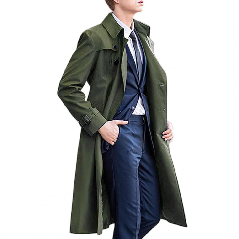 Men windbreaker olive green trench coat with classic collar, belted cuffs, front button closure, long sleeves, and mid-length clothes length for casual wear.