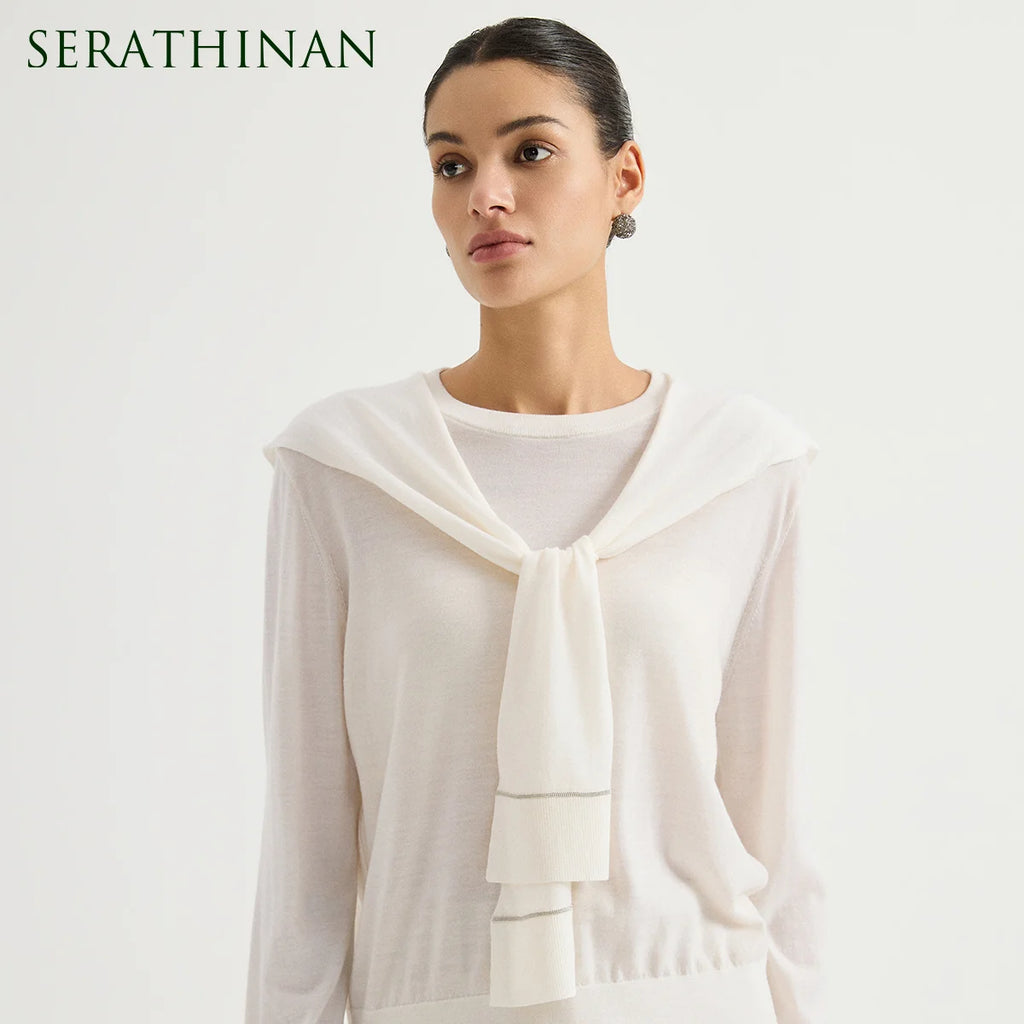 BY3621814 Women's 100% Wool Knit Shoulder Wrap Self-Tie Cape Scarf Chain Trim Draped Layering Quiet Luxury Early Autumn Fall