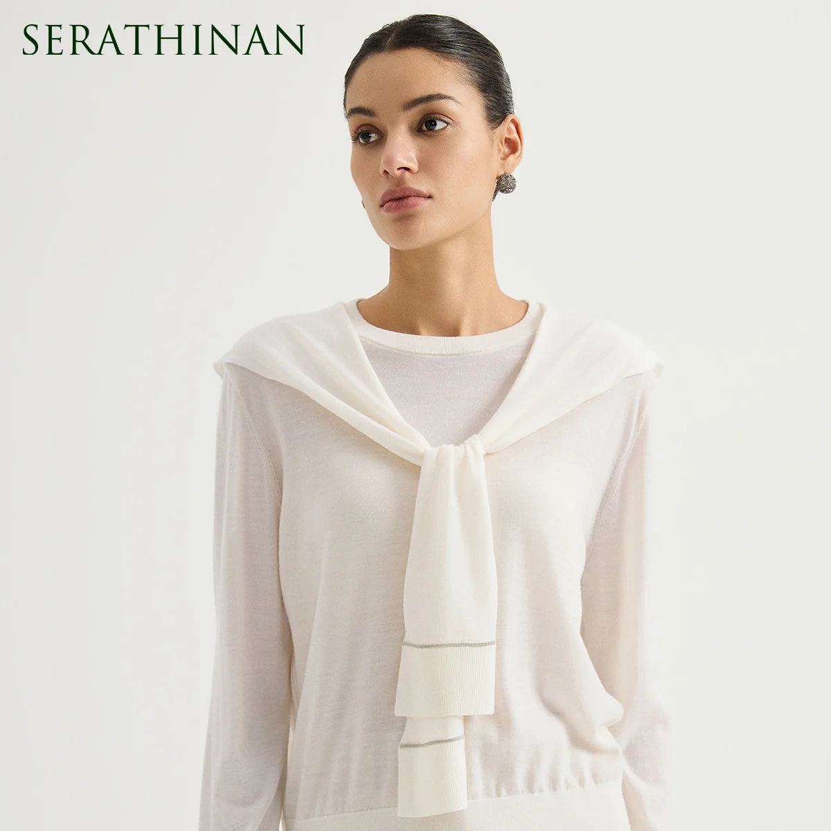 BY3621814 Women's 100% Wool Knit Shoulder Wrap Self-Tie Cape Scarf Chain Trim Draped Layering Quiet Luxury Early Autumn Fall