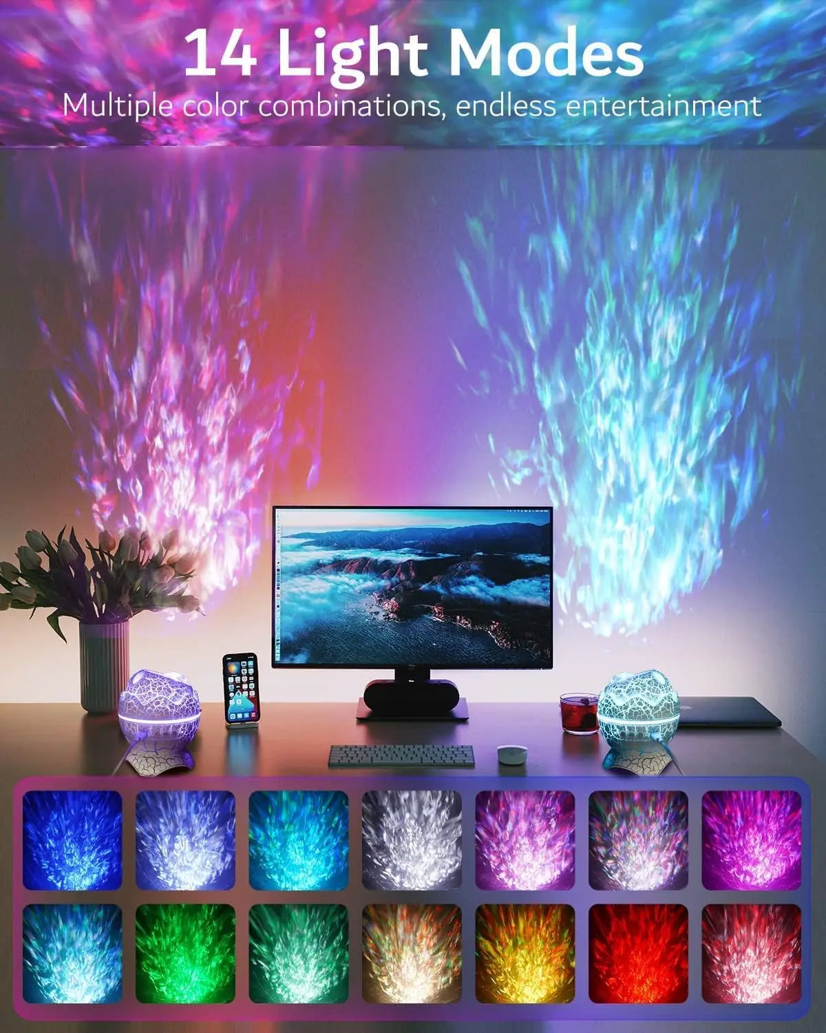 Le projecteur d’étoiles lumineux de nuit en forme de galaxie d’œuf de dinosaure est une lampe LED translucide sphérique projetant des effets lumineux dynamiques multicolores à 14 couleurs, avec un motif délicat semblable à de la dentelle, qui projette un éclairage vibrant sur le plafond.