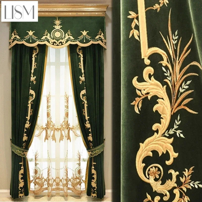 European Luxury Curtains for Living Dining Rooms Bedroom Home Textile Fabrics French Green Velvet Embroidered Curtains for Villa