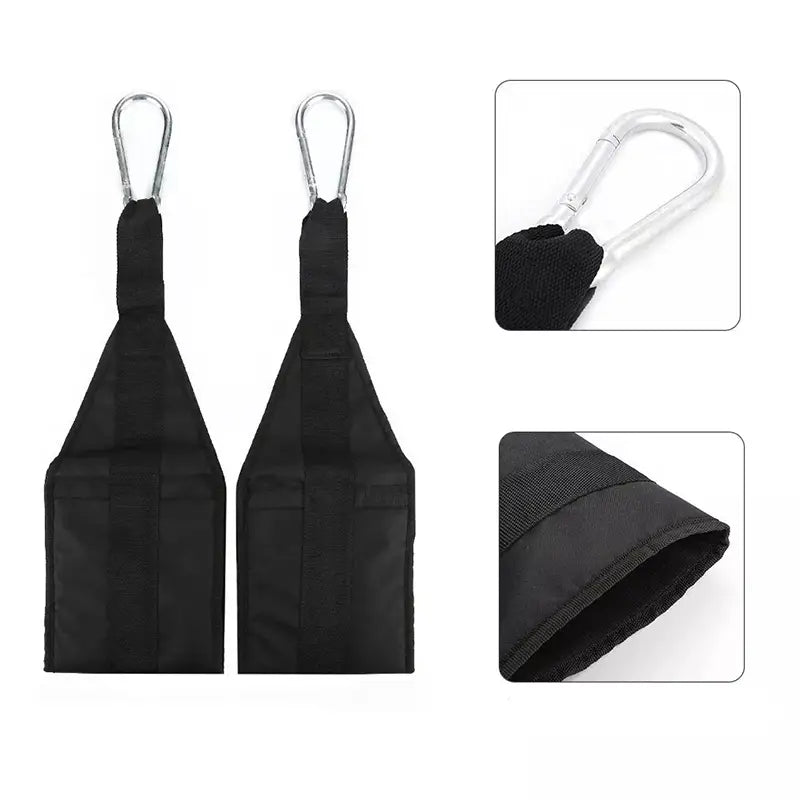 black fabric heavy duty ab sling straps with silver carabiner hooks designed for hanging leg raise exercises