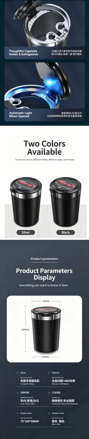 Schwarzer zylindrischer Aschenbecher für das Auto mit LED-Licht und elegantem, automatisch per Lichtsensor aktiviertem Deckel zur tragbaren Verwendung.