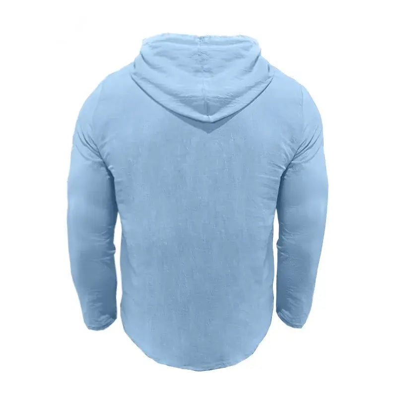 Light blue men cotton linen hooded henley shirt with long sleeves soft textured fabric and relaxed fit.