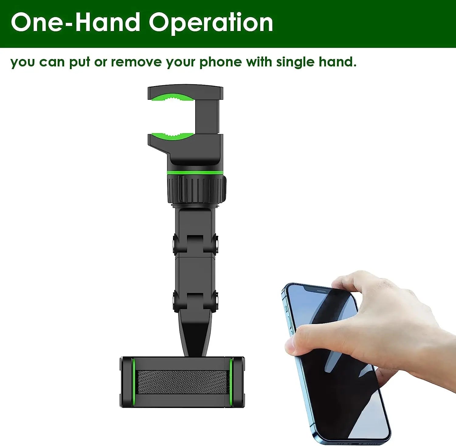 Black and green rearview mirror car phone holder with adjustable 360 rotatable mount and textured grip base shown from the back side.