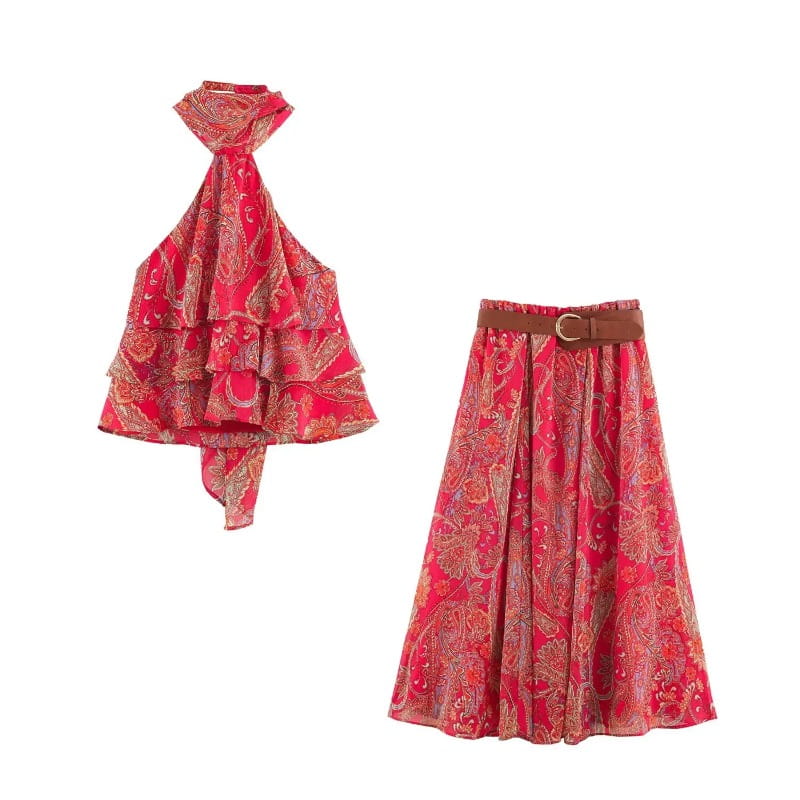 red paisley halter top and midi skirt set featuring a red paisley pattern with a brown belt on the a-line skirt.