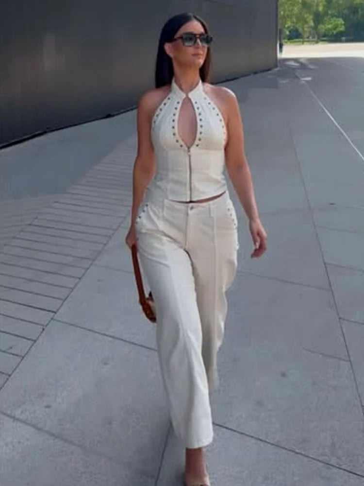 Women's Denim 2 Piece Sets Casual White Halter Sleeveless Metal Rivet Zip-Up Crop Tops & Wide Leg Pants Sets Female Streetwear