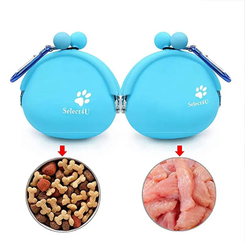 light blue round silicone pet dog train treat pouch with carabiner clip and paw print logo designed for train food snacks.
