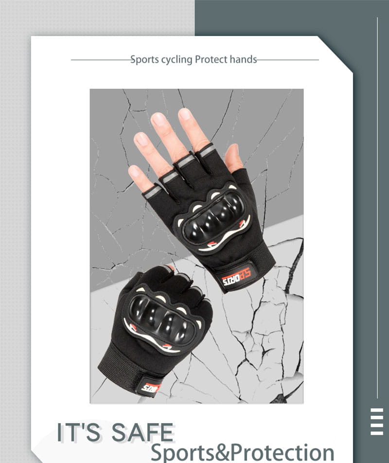 Herren- Motorrad-Taktik-Handschuhe mit halben Fingern in Schwarz mit verstärkter Knöchelpolsterung und einem roten Logo auf dem Handgelenkriemen, das die Rückseite zeigt.