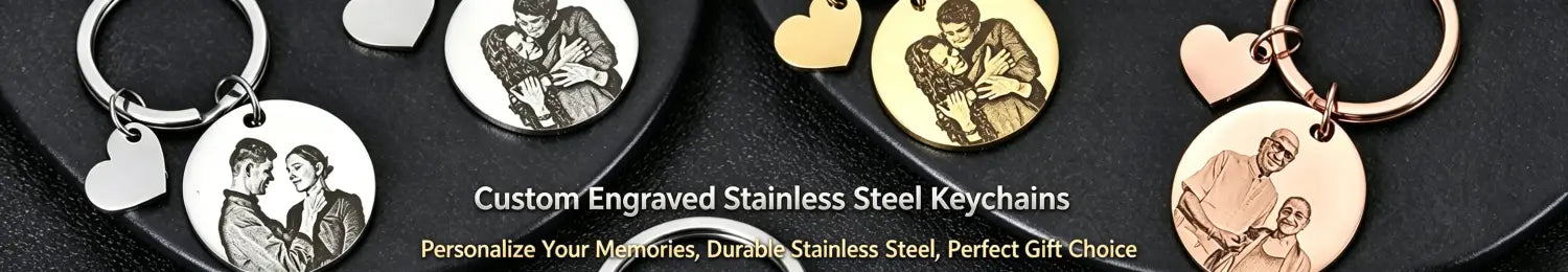 Custom pet photo stainless steel heart keychain with engraved personalized black and white or gold toned portraits on heart shaped and circular charms in silver rose gold and gold finishes.