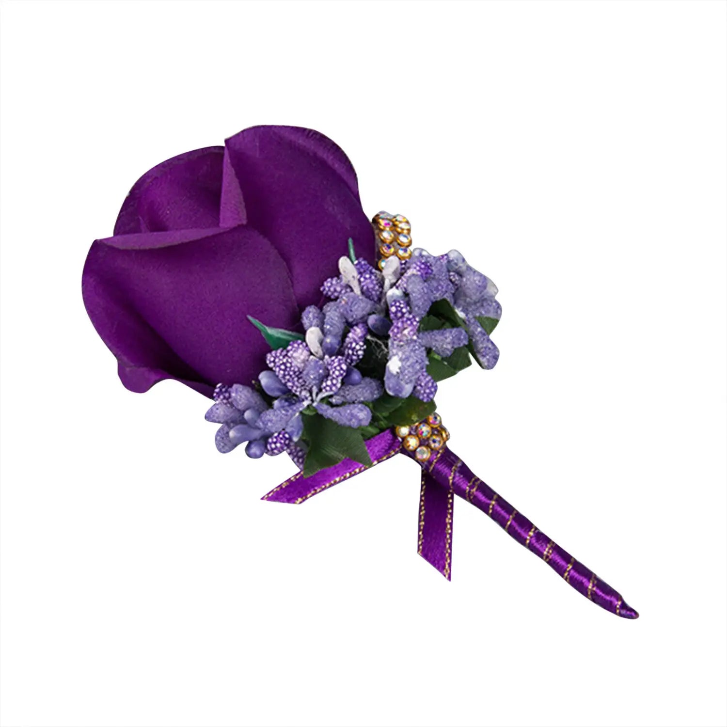 Blue wedding boutonniere featuring a purple artificial silk rose with lavender accents and gold bead embellishments.