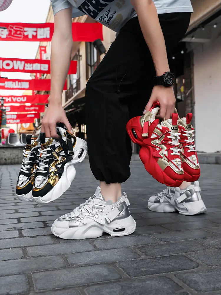 Men chunky air cushion casual sneakers in red and gold with a bold layered design and a chunky sole.