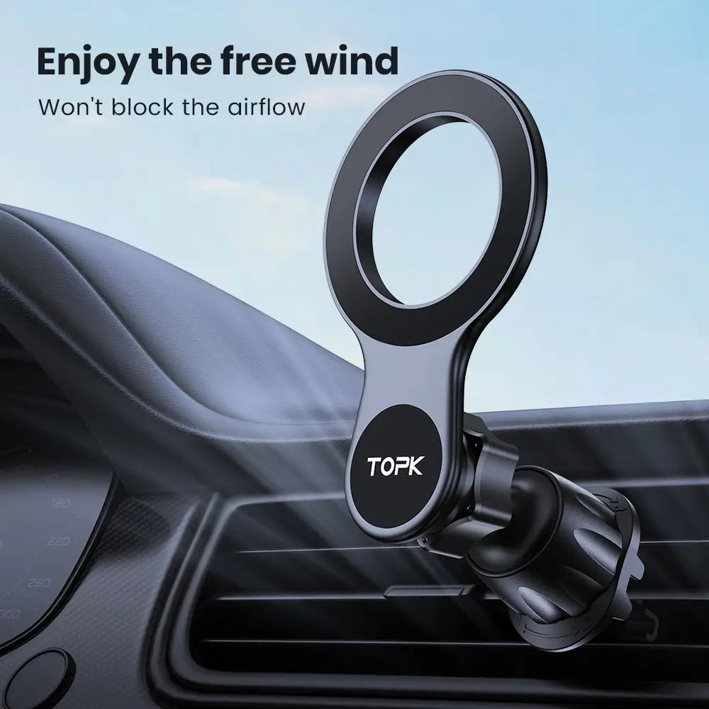 Black magnetic magsafe car phone holder with a circular ring design and topk branding viewed from the front as air vent mount.