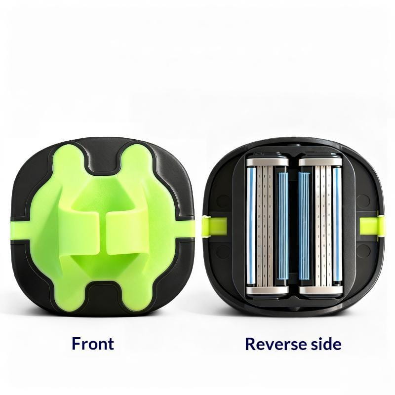 Portacartuchos de afeitadora para arreglo de la calva de plástico negro y verde neón con correa para el dedo de TPU, que contiene dos cartuchos de cuchillas plateadas visibles en el interior.