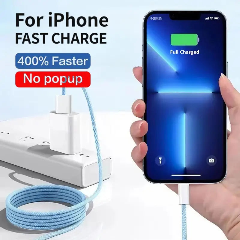 Light blue braided usb-c charging cable for iphone fast charge with 20w lightning cable for durable and efficient power delivery.