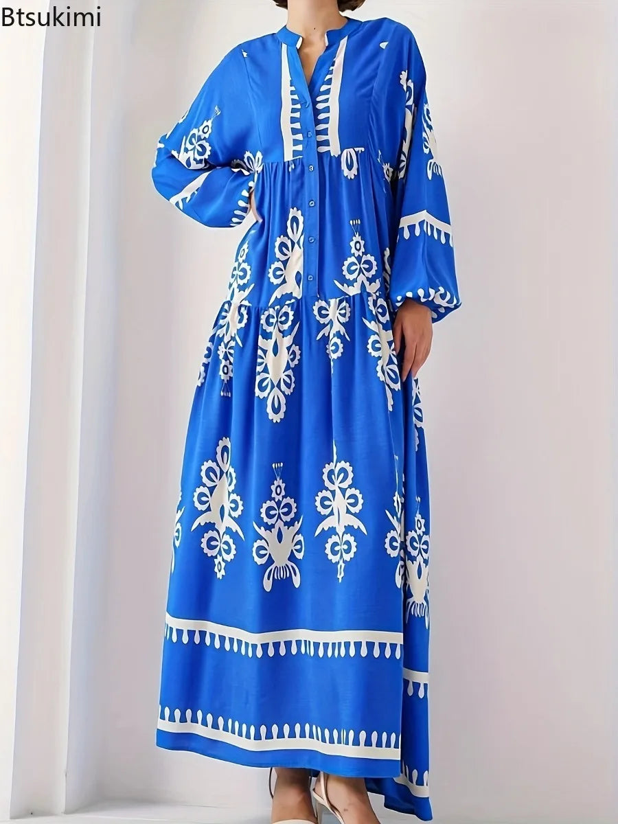 New Women's Loose Ethnic Retro Dress Spring Autumn Print V Neck Casual Long Dress Arab Style Bohemian Maxi Dresses Muslim Abayas