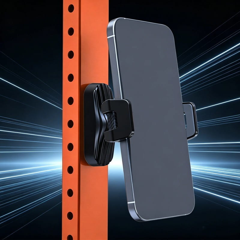 black magnetic gym phone holder 360 adjustable mount securely holding a sleek silver-edged smartphone against an orange shelf bracket