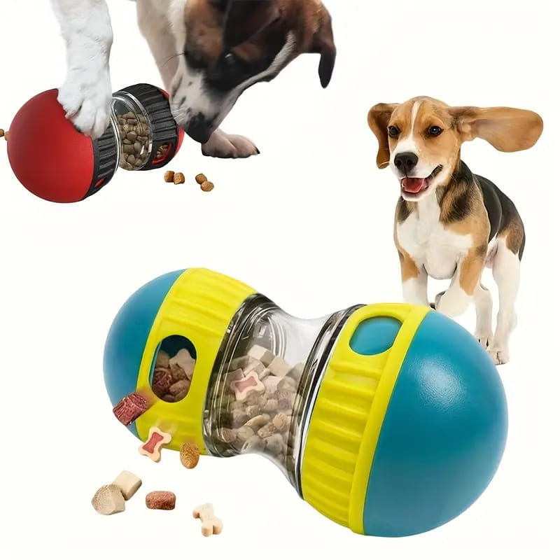Jouet distributeur interactif de friandises pour chien, distributeur d’alimentation lente, en plastique bleu et jaune, avec un centre en verre transparent conçu pour une libération progressive des friandises.