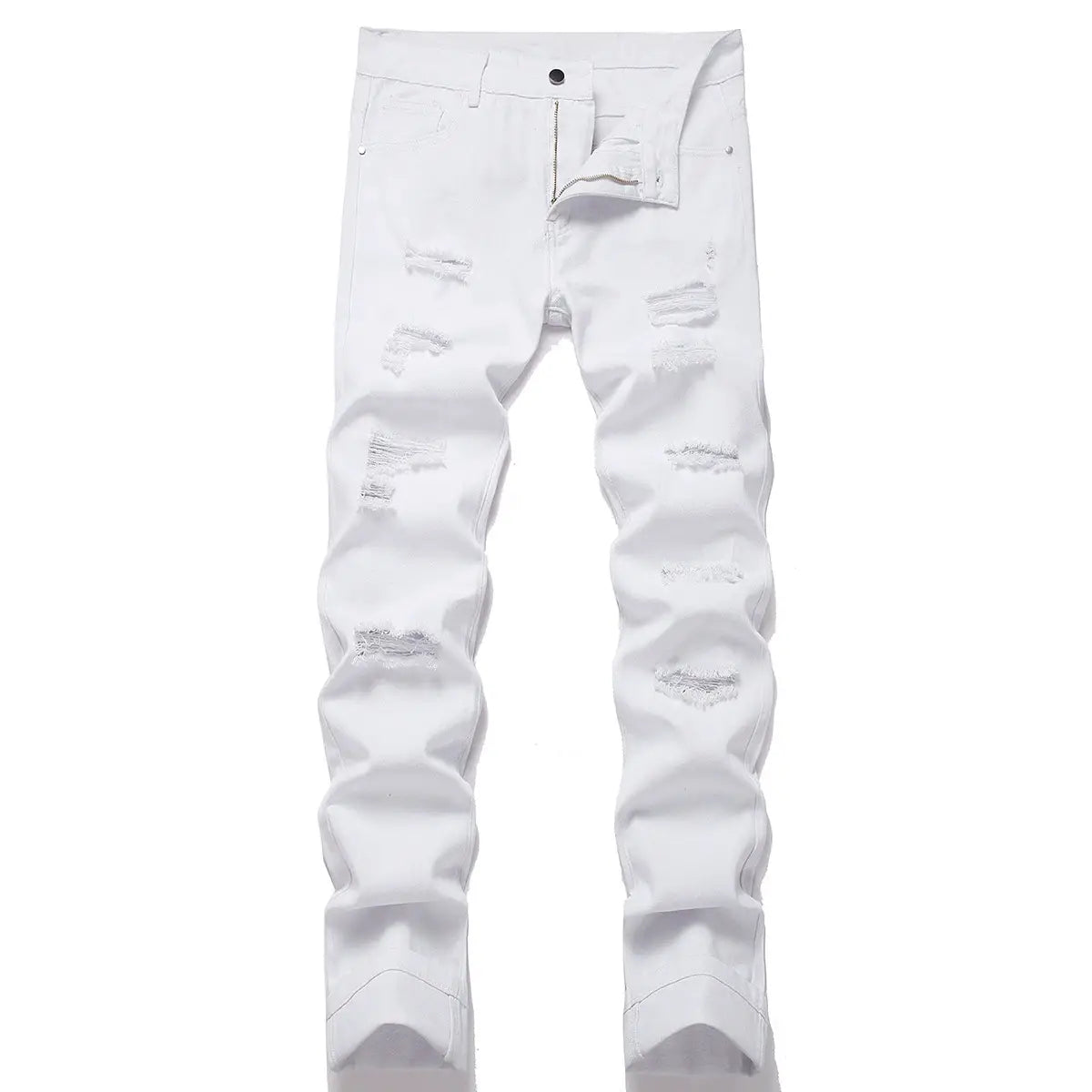 distressed straight denim jeans for men in white featuring slim fit and multiple ripped patches on distressed denim material.