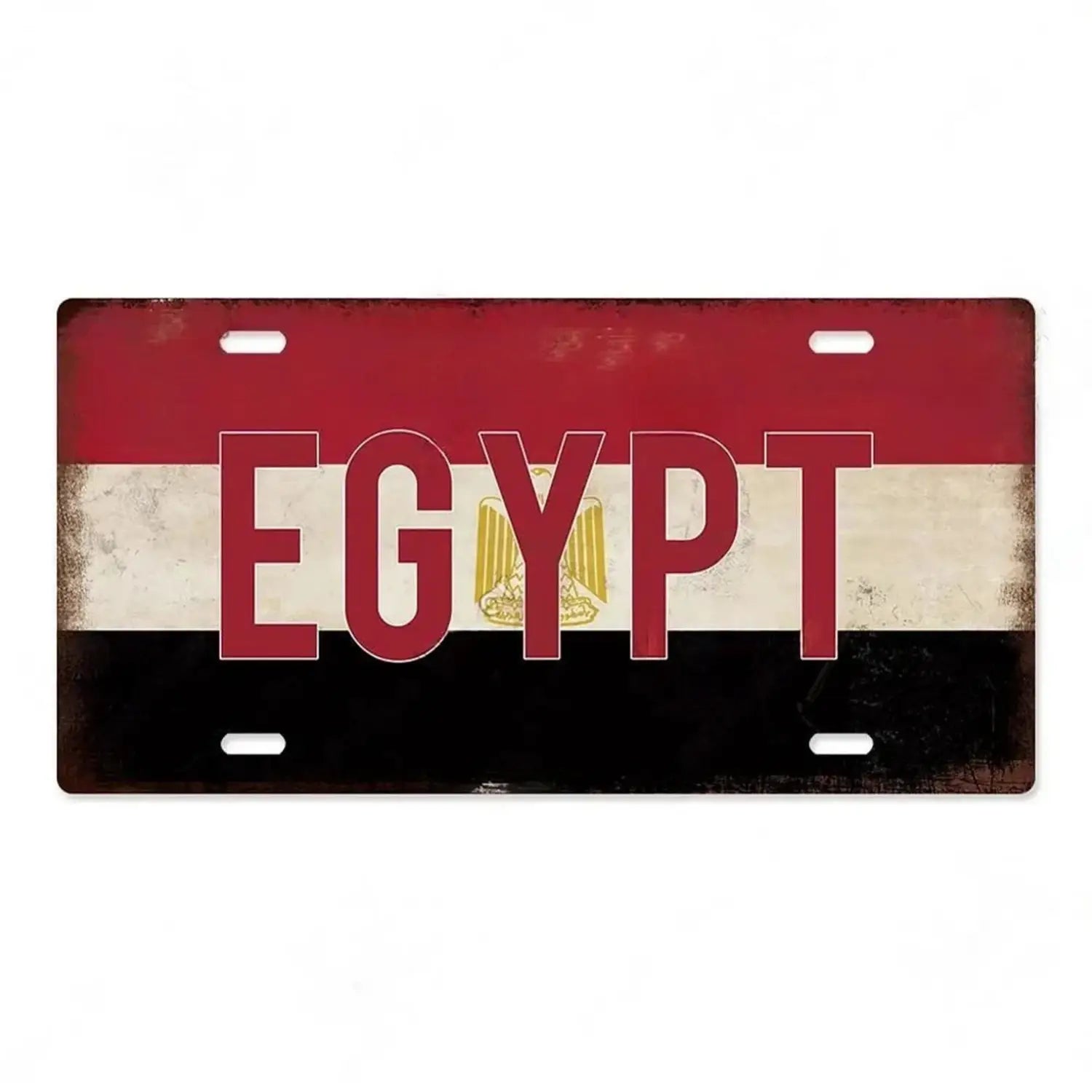 Rustic red white and black metal license plate with the word Egypt in bold letters and a golden eagle emblem centered on the white stripe vintage wall decor.