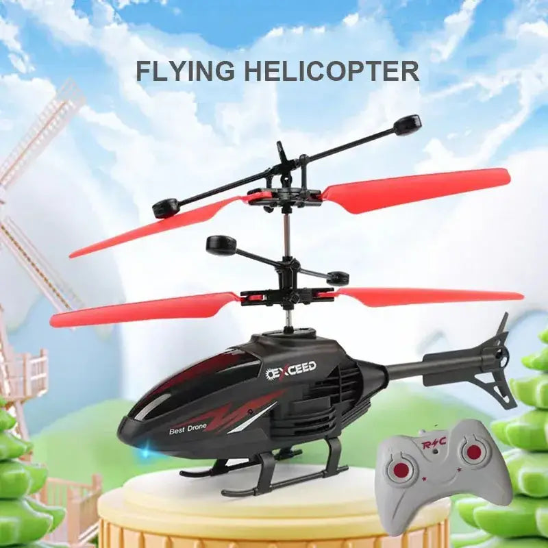 black and red remote control induction helicopter with exceed branding featuring led light, optimized for long flight time and efficient charging time
