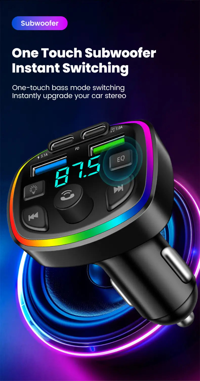 Black bluetooth fm transmitter car charger with dual usb ports, rainbow led lighting around the edges, and a digital display showing 87.5 frequency.