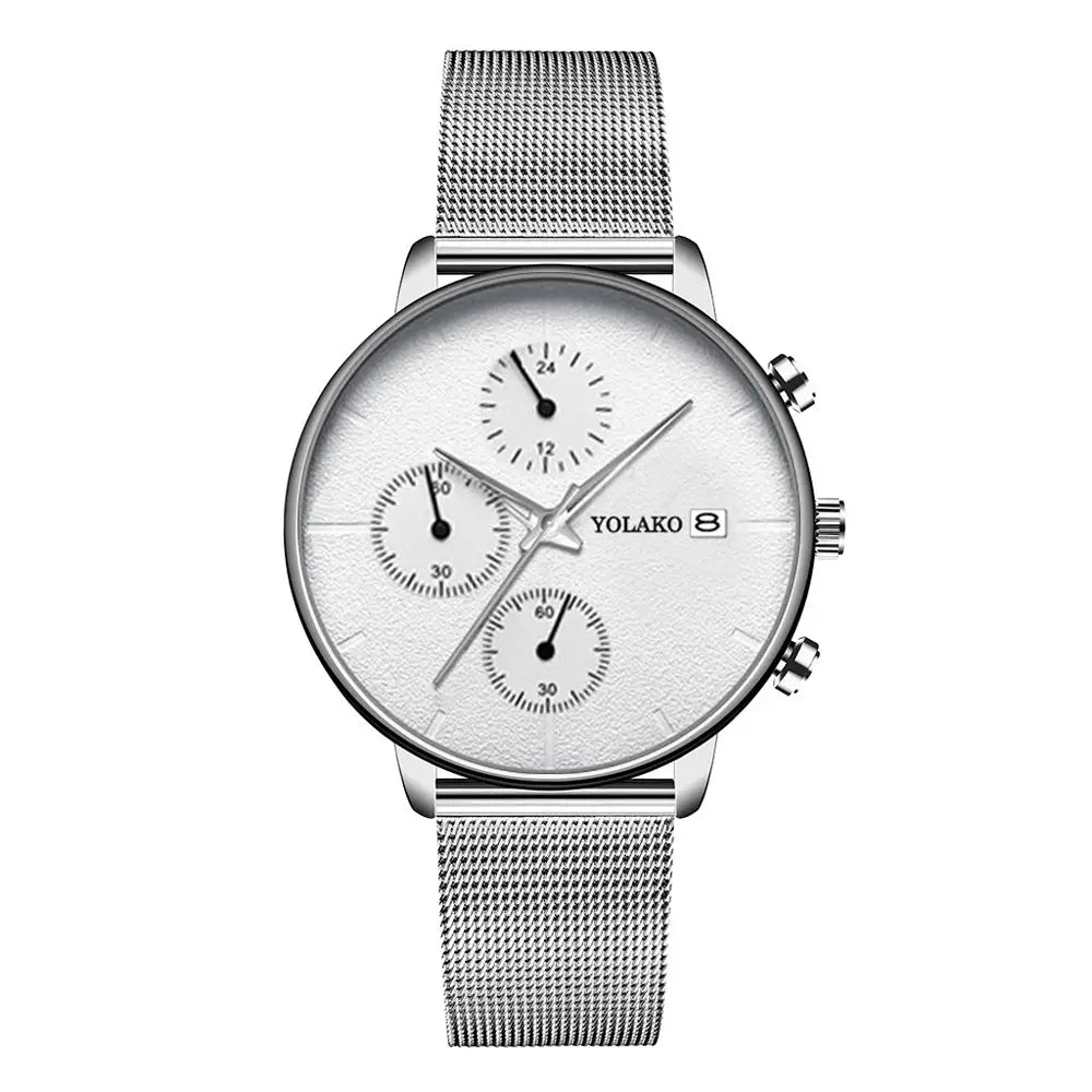 Montre à quartz chronographe à maille argentée pour hommes, très fine, avec une sangle en maille argentée, un cadran blanc texturé, trois sous-cadrans et la mention de marque Yolako 8.