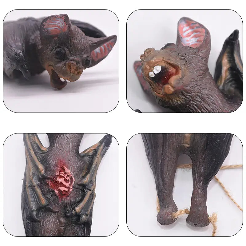 Figurine en plastique marron foncé représentant une chauve-souris avec des accents rouges sur les oreilles et un motif de plaie sanglante, issue de l’ensemble de fausses parties du corps suspendues d’Halloween sanglantes.