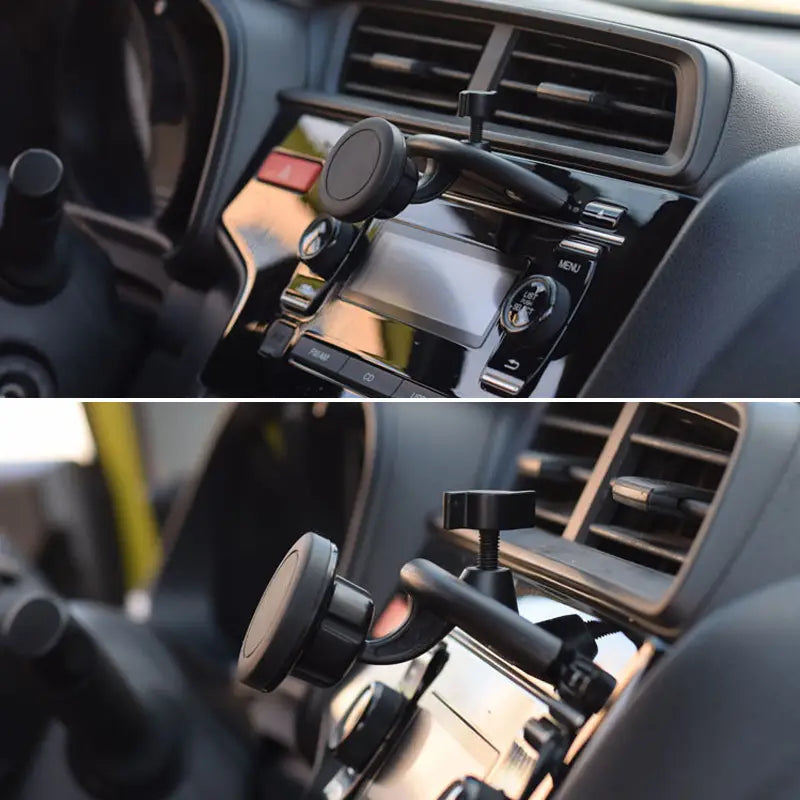Black magnetic cd slot car phone mount with adjustable arm and clamp designed for mini gps and iPhone usage