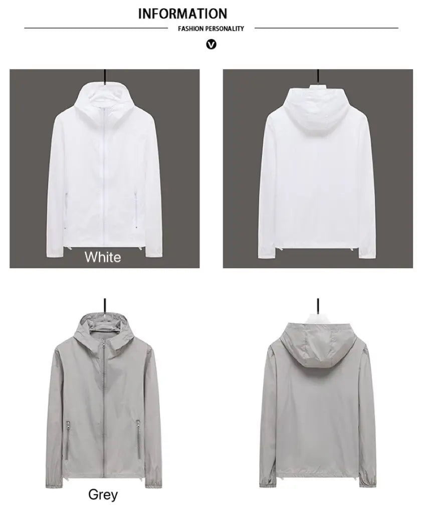 Men sun protection windbreaker jacket in white or grey lightweight material featuring a hood, full-length zipper, and two side pockets.