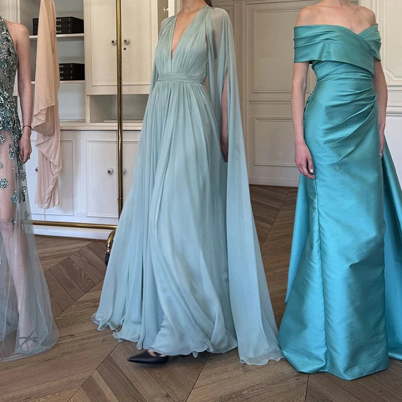 Elegant Bridesmaid Wedding Guest Party Dresses Women White Chiffon Evening Maxi Dress Deep V‑Neck Cape Sleeve Long Pleated Gowns