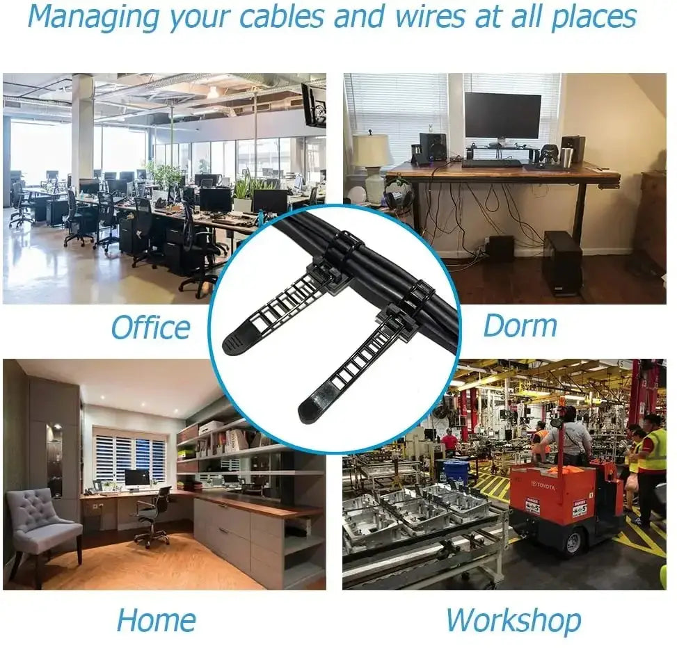 Soporte para brida de plástico negro con diseño tipo escalera y respaldo autoradhesivo para organizar cables en oficinas, residencias, hogares y talleres, mediante abrazaderas ajustables de montaje.