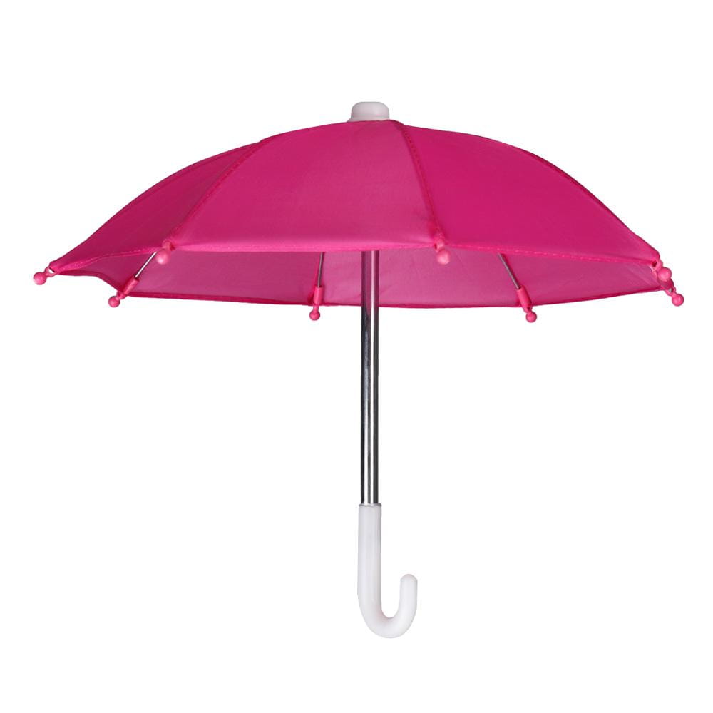 A vibrant pink mini doll umbrella bjd accessory with a silver shaft white handle and decorative pom-poms along the edges.