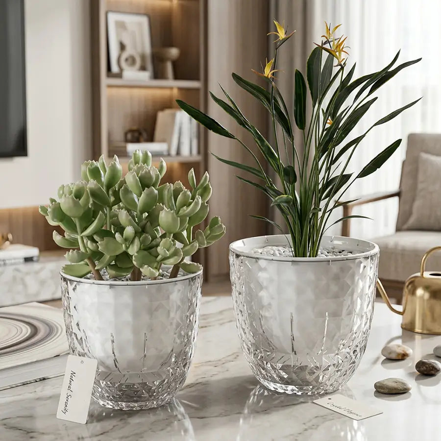 Dos jardineras dobles transparentes facetadas con un patrón texturizado de corte tipo diamante y una función de riego automático para un cuidado eficiente de las plantas.