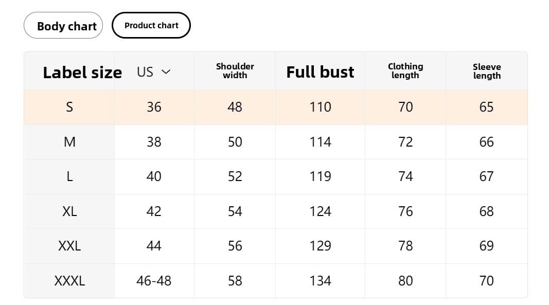 El gráfico del producto muestra información de tallas en pulgadas para una sudadera casual tipo zip para hombre para otoño e invierno, en tallas desde S hasta XXXL.
