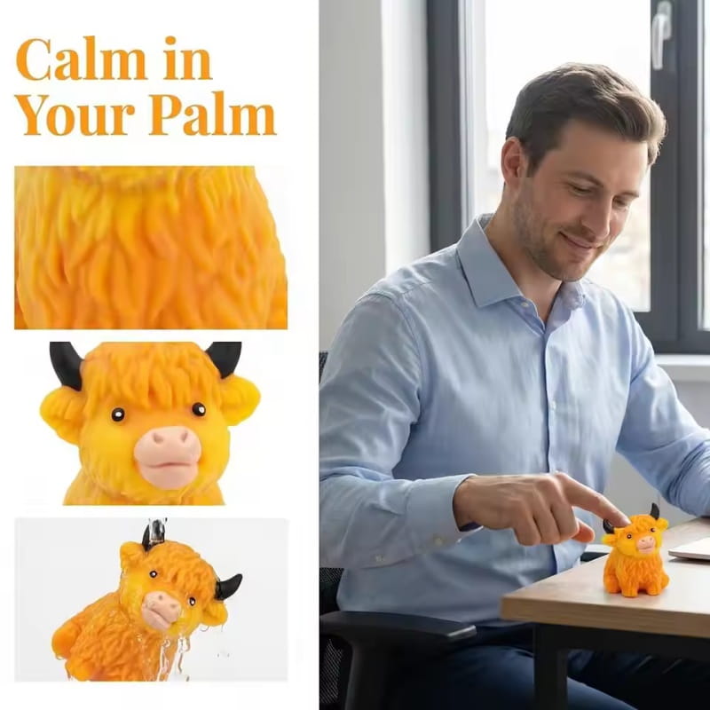 Jouet antistress moelleux à montée lente en forme de vache des Highlands floue orange, et relaxant antistress, fabriqué dans un matériau souple avec des accents scintillants.