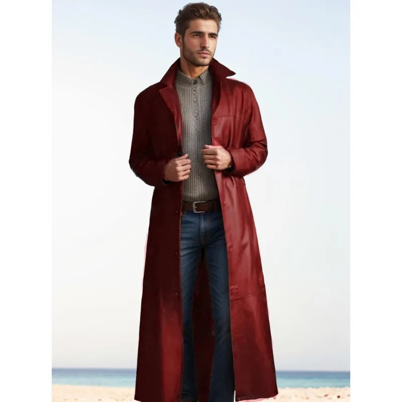 New Spring Men's Faux Leather Clothing Fashion Suit Collar Casual Versatile Over-the-Knee Leather Jacket PU Coats