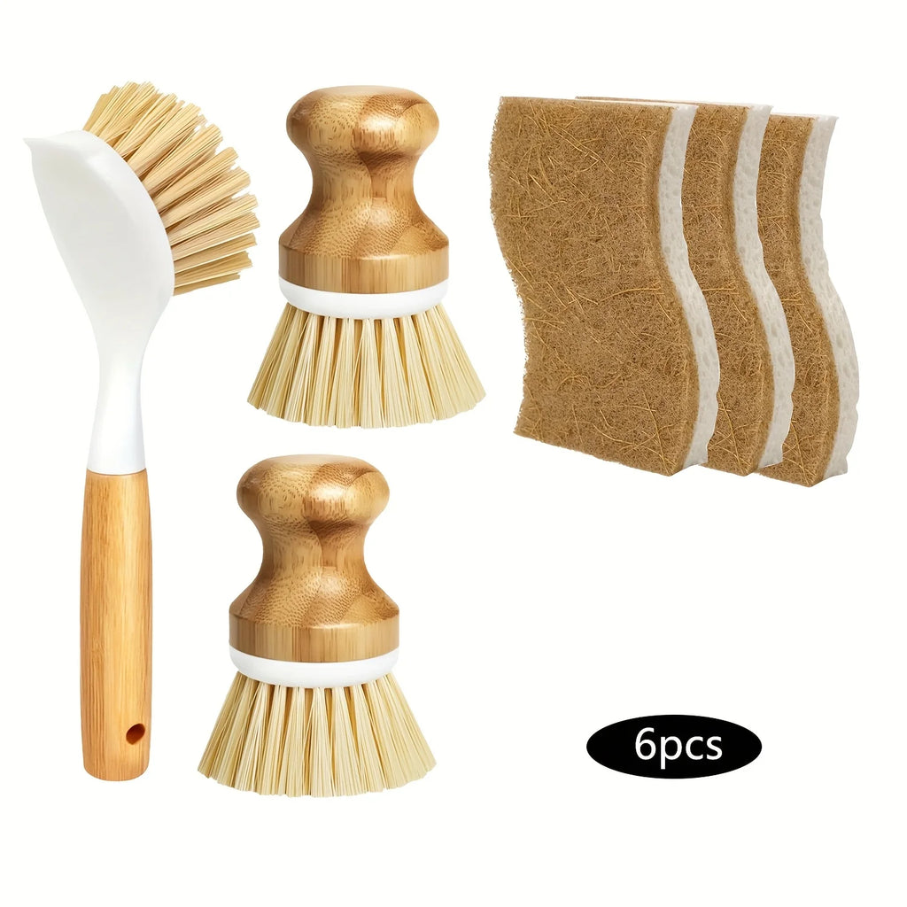Kitchen Sponge Dish Brush, Bamboo Dish Brush, Bottle Brush, Wooden Palm Basin Brush, Cleaning Brush with Sisal Brushing