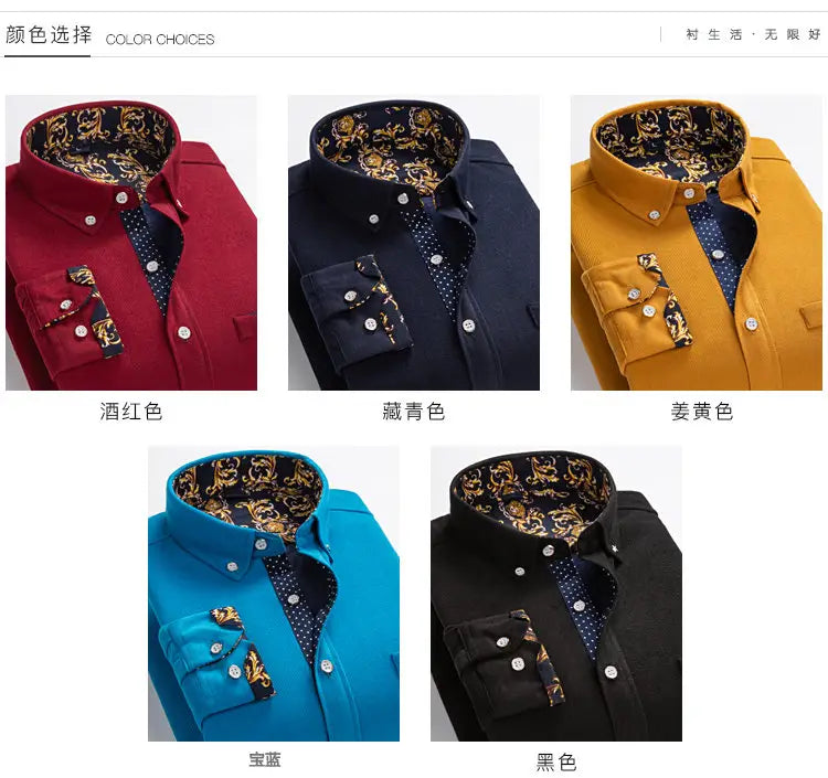Herren-Cord-Casual-Langarmhemd für den Winter im Streetwear-Stil mit kontrastierendem gold-schwarzem, kunstvollem Muster auf der Innenseite des Kragens, der Manschetten und der Taschenklappe, erhältlich in zwei Größen kleiner, Artikeltyp