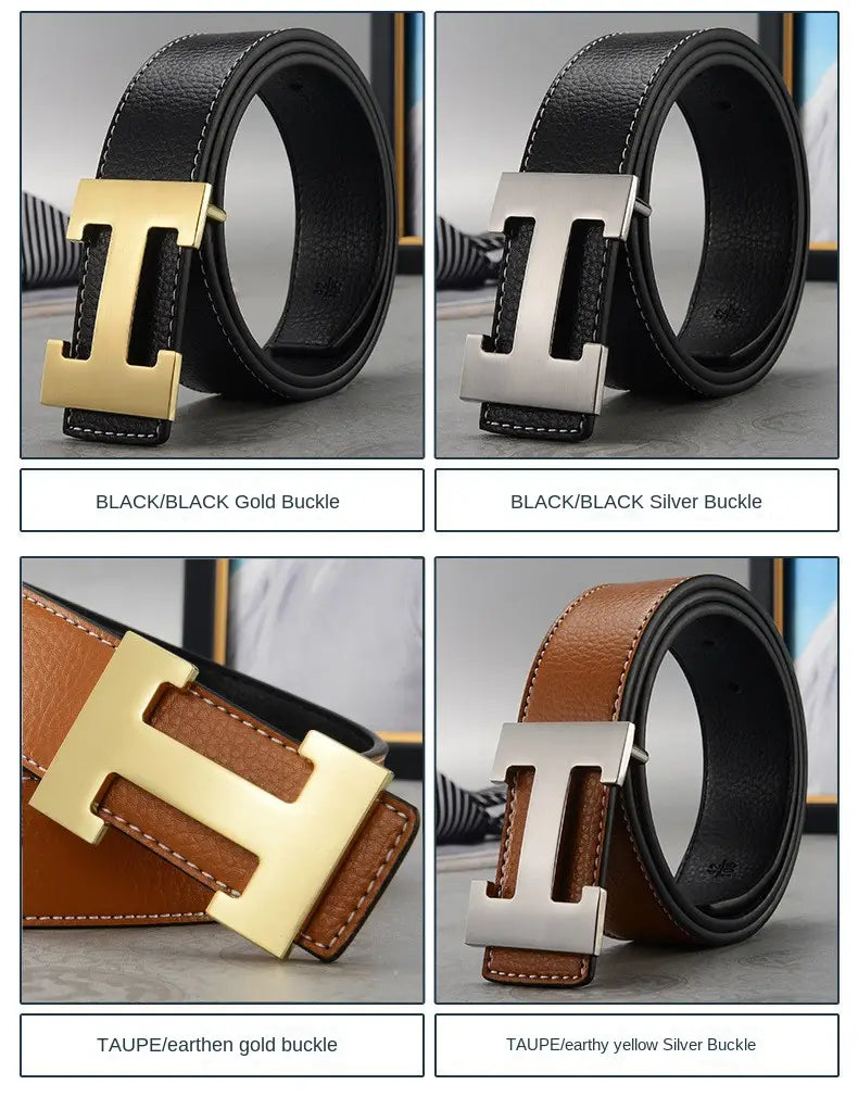 Men’s leather h buckle belt in black or tan leather featuring a distinctive h-shaped buckle in gold or silver finish.