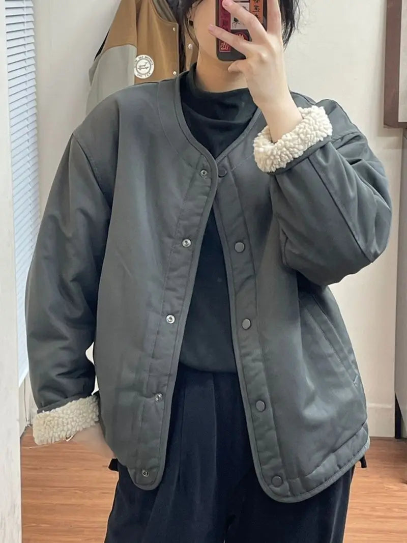 Fashionable and Versatile Lamb Wool Jacket for Women in Winter with Thick Cotton Padded Coat and Loose Cardigan Top